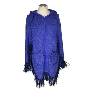 Flower Blue Hooded Fringe Zip Poncho Sweater One Size